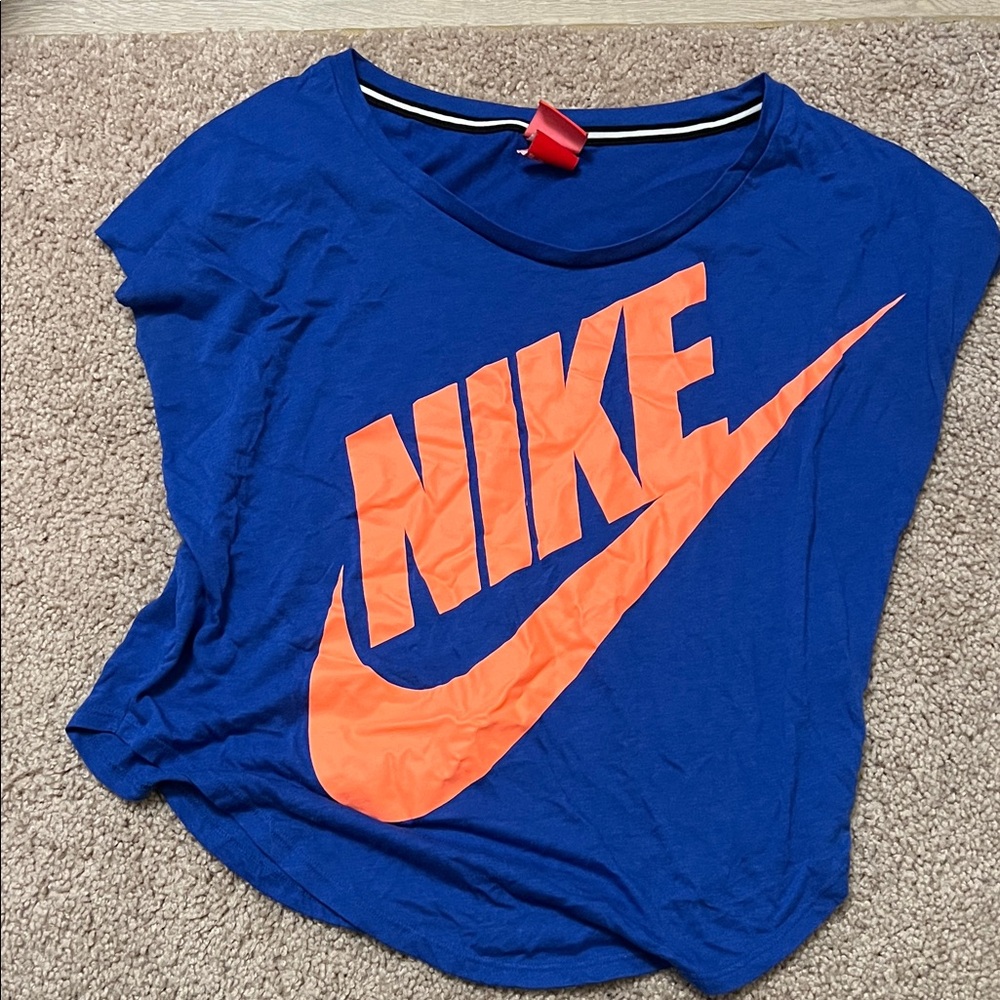 Nike Women's Tee in Blue with Bright Orange Logo